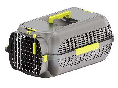 Gray Pet Carrier With Yellow Handle Ventilated Grid And Secure Latches 3d model