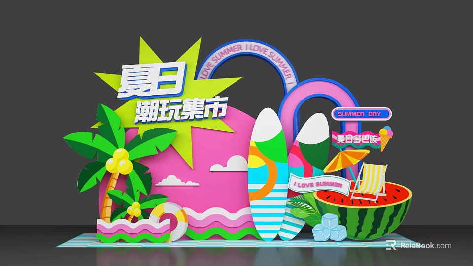 Summer Trendy Play Market Photo Check-in Spot with Coconut Trees Surfboards and Watermelon Decorations 3d model 