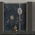 Luxury Foyer Hallway Design With Blue Marble Backdrop Round Mirror And Brass Vase