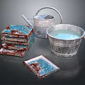 Silver Watering Can And Bucket With Blue Red Patterned Stacked Boxes And Trays 3d model