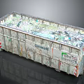 Industrial Metal Trash Dumpster Filled With Mixed Waste And Eco Labels