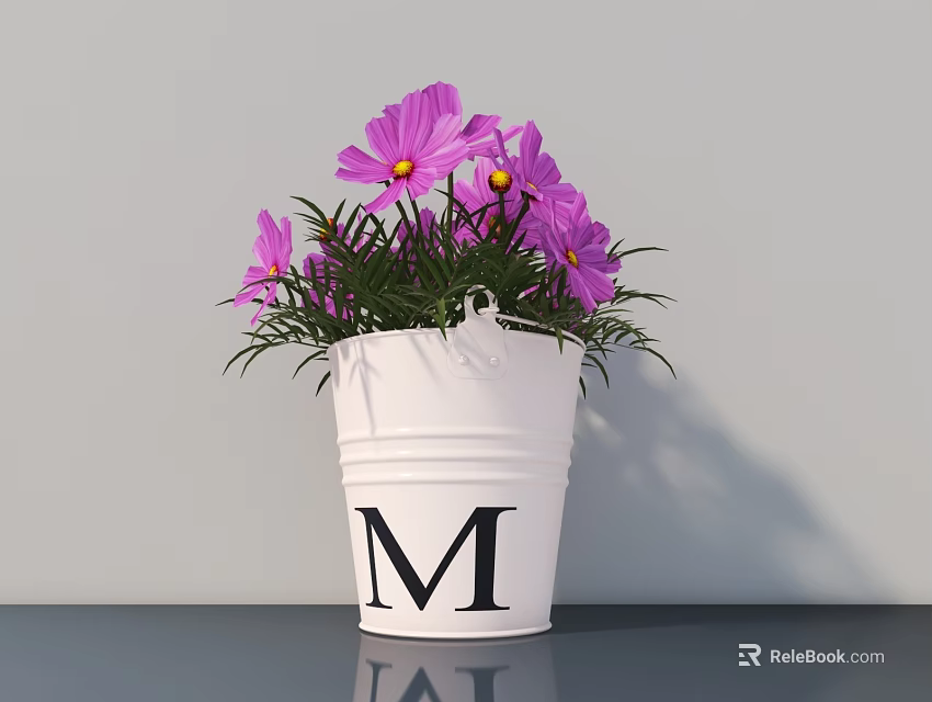 White Bucket Flower Pot With Black Letter M And Purple Flowers On Light Gray Wall 3d model 