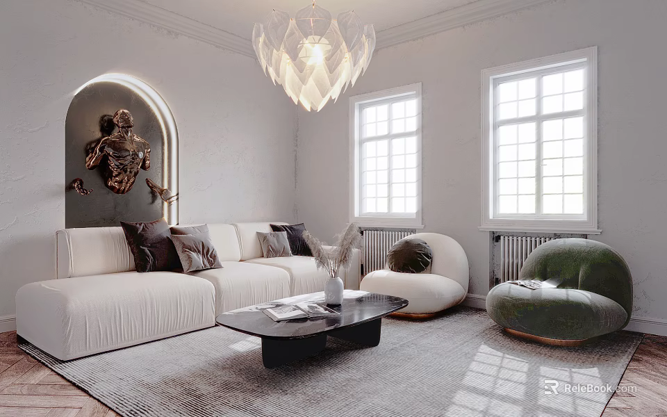 Modern Elegant Living Room Sofa and Coffee Table Set with Accent Chairs and Pendant Light 3d model 