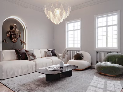Modern Elegant Living Room Sofa and Coffee Table Set with Accent Chairs and Pendant Light 3d model