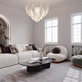 Modern Elegant Living Room Sofa and Coffee Table Set with Accent Chairs and Pendant Light