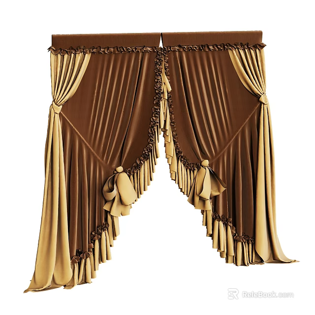 Brown And Beige Decorative Curtains With Fringes And Elegant Ties Design 3d model 