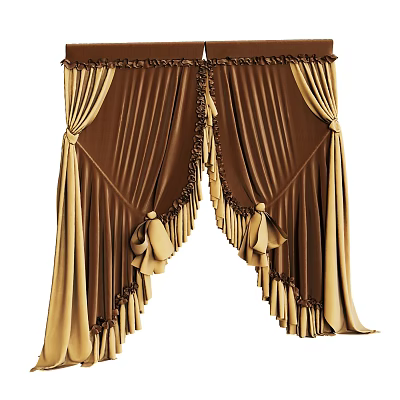 Brown And Beige Decorative Curtains With Fringes And Elegant Ties Design 3d model
