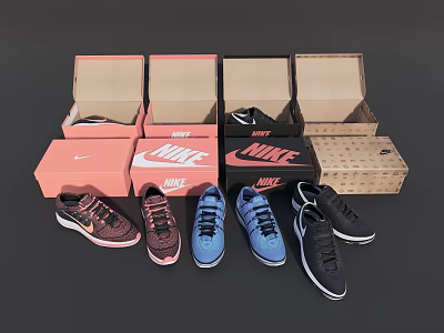 Colorful Nike Sneakers Display With Open And Closed Shoe Boxes 3d model
