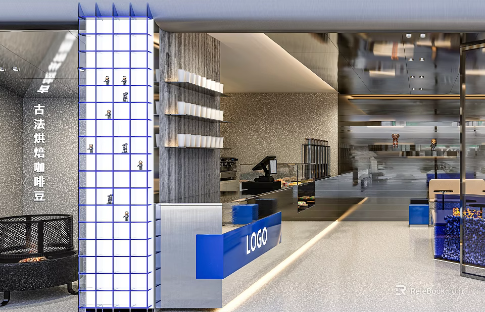 Elegant Modern Bubble Tea Shop Interior With Open Bar White Blue Logo And Marble Shelves 3d model 