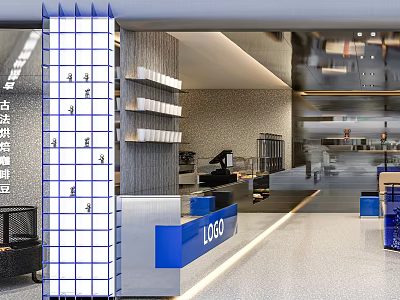 Elegant Modern Bubble Tea Shop Interior With Open Bar White Blue Logo And Marble Shelves 3d model