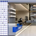 Elegant Modern Bubble Tea Shop Interior With Open Bar White Blue Logo And Marble Shelves
