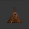 Traditional Tepee Tent with Wooden Poles on Top Orange Fabric and Star Patterns for Camping