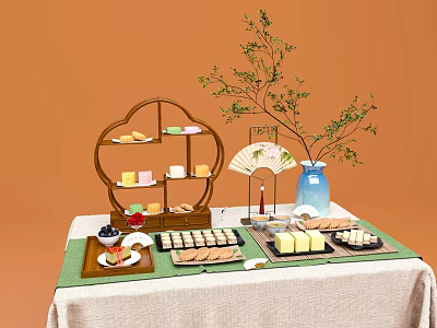 Tea Break Area With Wooden Tiered Stand Assorted Pastries Fan Vase And Green Tablecloth 3d model