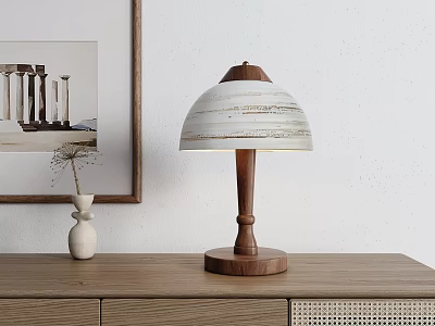 Modern Wooden Table Lamp With Striped Shade On Cabinet With White Vase And Wall Art 3d model