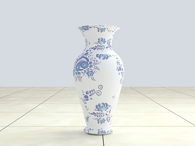 Classic Ceramic Vase With Blue Floral Patterns On Light Colored Floor 3d model