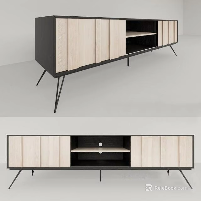 Modern TV Stand Design With Wooden Panels Metal Legs And Storage Shelf 3d model 