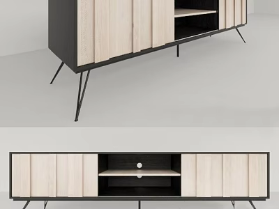 Modern TV Stand Design With Wooden Panels Metal Legs And Storage Shelf 3d model