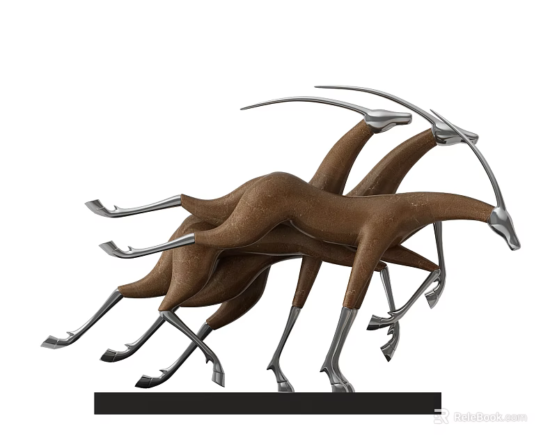 Decorative Antelope Figurine Set With Running Posture Brown Silver And Black Base 3d model