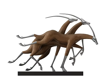 Decorative Antelope Figurine Set With Running Posture Brown Silver And Black Base 3d model