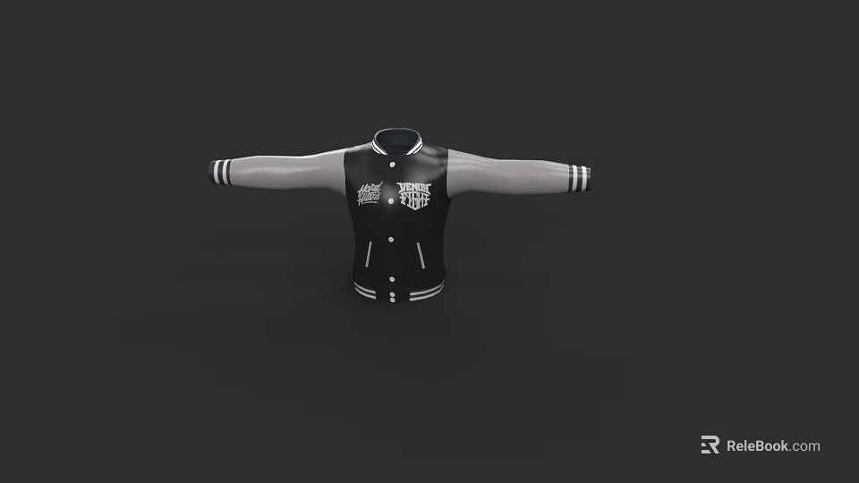 Stylish Black And White Varsity Jacket With Gray Sleeves Button Front And Chest Logo 3d model 