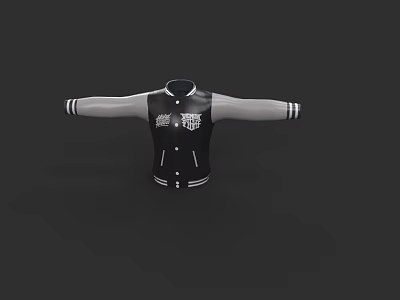 Stylish Black And White Varsity Jacket With Gray Sleeves Button Front And Chest Logo 3d model