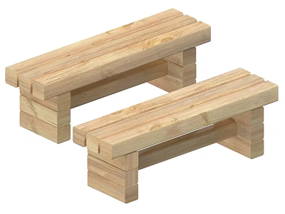 Two Natural Wooden Outdoor Benches With Simple Design For Garden Patio 3d model
