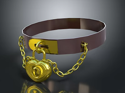 Brown Leather Strap With Heart Shaped Gold Lock And Chain Decoration 3d model