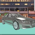 Silver Audi Car Parked In Urban City Street With Night Lights