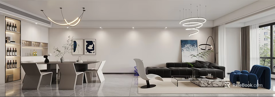 Modern Dining and Living Room Interior With White Walls Black Sofa And Pendant Lights 3d model 