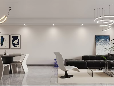 Modern Dining and Living Room Interior With White Walls Black Sofa And Pendant Lights 3d model