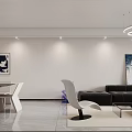 Modern Dining and Living Room Interior With White Walls Black Sofa And Pendant Lights