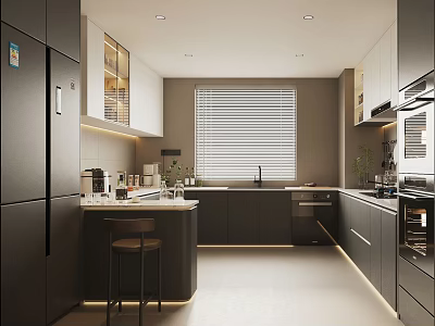 Modern Kitchen Interior Design With Dark Cabinets Island Stool And Window Blinds 3d model