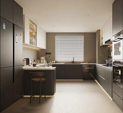 Modern Kitchen Interior Design With Dark Cabinets Island Stool And Window Blinds 3d model