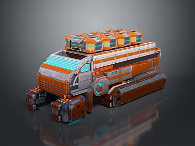 Futuristic Sci Fi Vehicle With Orange Gray Exterior Multi Layer Cargo Compartments And Tracked Wheels 3d model