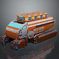 Futuristic Sci Fi Vehicle With Orange Gray Exterior Multi Layer Cargo Compartments And Tracked Wheels