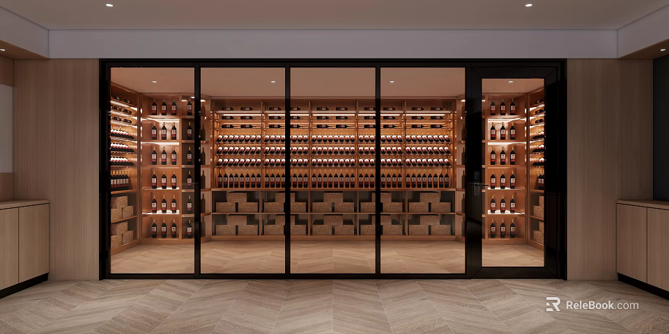 Elegant Wine Cellar Interior With Glass Doors Wooden Racks And Stacked Wine Bottles 3d model 