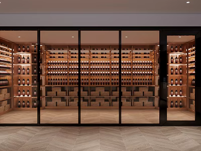 Elegant Wine Cellar Interior With Glass Doors Wooden Racks And Stacked Wine Bottles 3d model