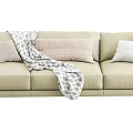 Modern Beige Three Seater Sofa With Soft Fabric Cushions And Throw Blanket 3d model