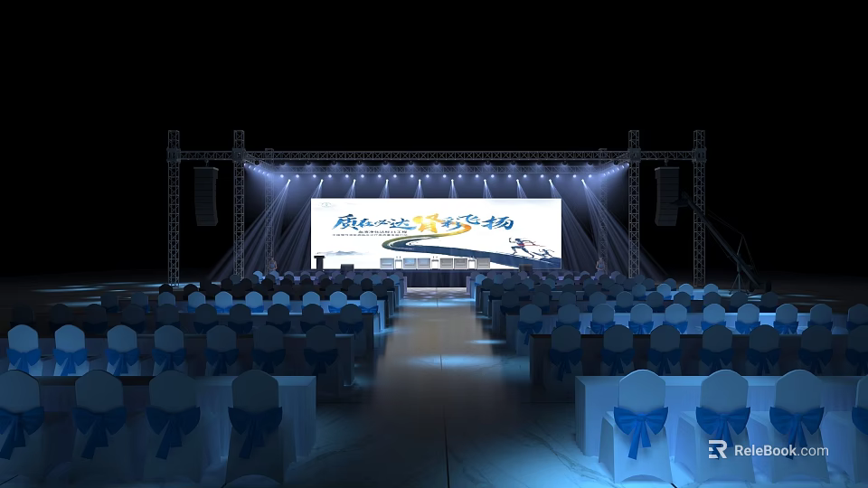 Modern Event Stage With Bright Lighting Large Screen And Arranged Audience Chairs 3d model 