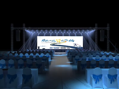 Modern Event Stage With Bright Lighting Large Screen And Arranged Audience Chairs 3d model