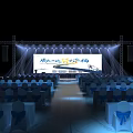 Modern Event Stage With Bright Lighting Large Screen And Arranged Audience Chairs