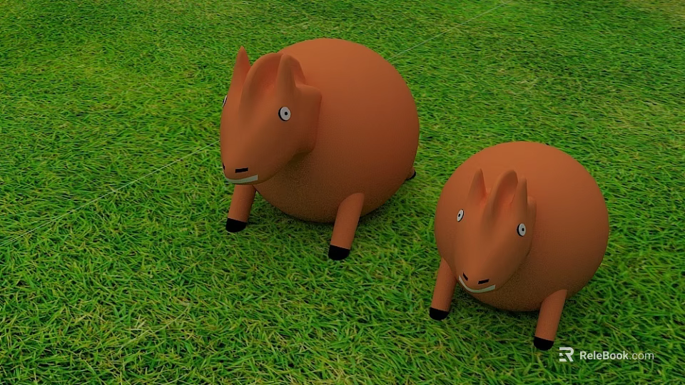 Two Orange Stuffed Animal Toys Sitting on Green Grass Field 3d model 