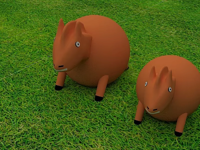 Two Orange Stuffed Animal Toys Sitting on Green Grass Field 3d model