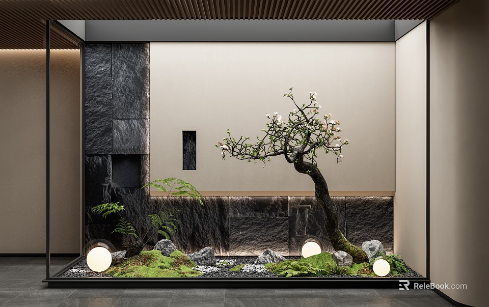 Modern Landscape Feature Wall Design With Flowering Tree Stones Lighting And Green Mossy Ground 3d model 
