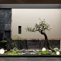Modern Landscape Feature Wall Design With Flowering Tree Stones Lighting And Green Mossy Ground