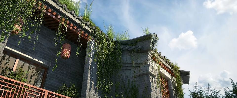 Ancient Architecture Featuring Grass Covered Roof Climbing Vines Red Lantern and Gray Walls 3d model 