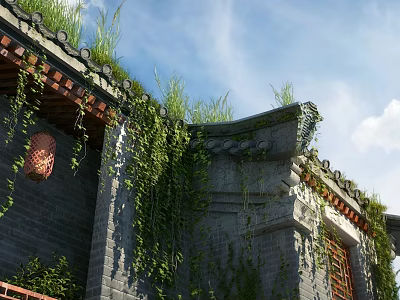 Ancient Architecture Featuring Grass Covered Roof Climbing Vines Red Lantern and Gray Walls 3d model