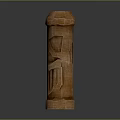 Carved Wooden Sculpture In Tall Columnar Shape With Facial Features And Geometric Facets