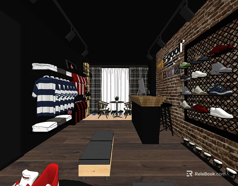 Modern Clothing Store Interior With Brick Wall Wooden Floor And Display Racks 3d model 