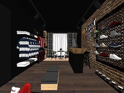 Modern Clothing Store Interior With Brick Wall Wooden Floor And Display Racks 3d model